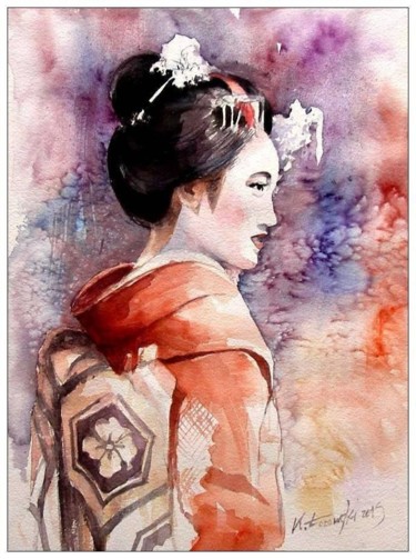 Painting titled "Gejsza / Geisha" by Krzysztof Lozowski, Original Artwork, Watercolor