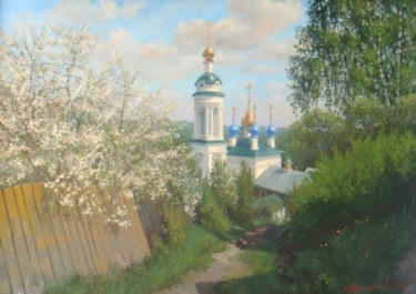 Painting titled "Вишня цветет" by Ksandro, Original Artwork, Oil