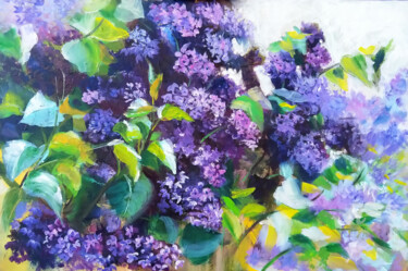 Painting titled "Blooming Lilac Bran…" by Kselma Randvald, Original Artwork, Oil Mounted on Wood Stretcher frame