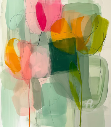 Digital Arts titled "Green Flowers Abstr…" by Kselma Randvald, Original Artwork, Digital Painting