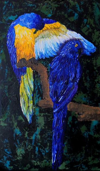Картина под названием "Желтокрылый и Гиаци…" - Ксения Михеева, Подлинное произведение искусства, Акрил Установлен на картон