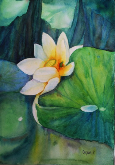 Картина под названием "Lotus is a beautifu…" - Ksana Kuznezova, Подлинное произведение искусства, Акварель