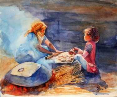 Malerei mit dem Titel "Assistant. Mom and…" von Ksana Kuznezova, Original-Kunstwerk, Aquarell