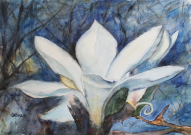 Painting titled "Night magnolia" by Ksana Kuznezova, Original Artwork, Watercolor