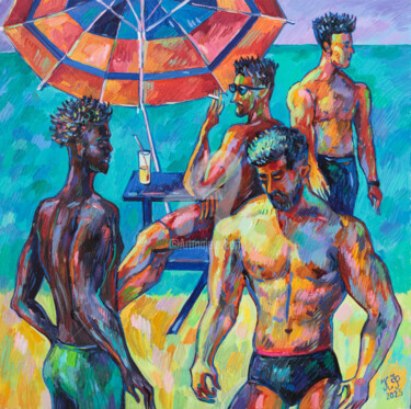 Painting titled "Four Beach Figures" by Ksenia Filippova, Original Artwork, Oil