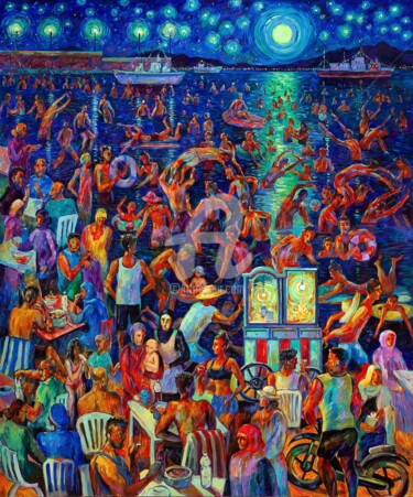 Pittura intitolato "Night Beach on a Ho…" da Ksenia Filippova, Opera d'arte originale, Olio