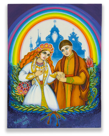 Painting titled "Ukrainian Fairy Tale" by Оксана Кулиш, Original Artwork, Oil Mounted on Cardboard