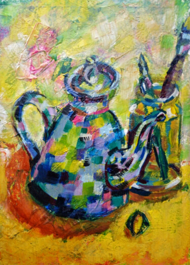 Painting titled "Gold tea time" by Ksenia Tsyganyuk, Original Artwork, Acrylic