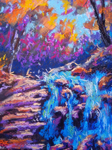 Painting titled "Autumn waterfall" by Ksenia Tsyganyuk, Original Artwork, Pastel