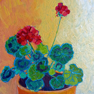 Malerei mit dem Titel "Red pelargonium" von Ksenia Tsyganyuk, Original-Kunstwerk, Acryl