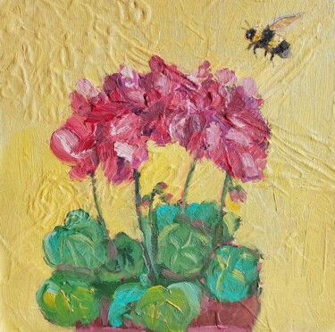 Painting titled "Bee and geranium. O…" by Ksenia Tsyganyuk, Original Artwork, Oil Mounted on Cardboard