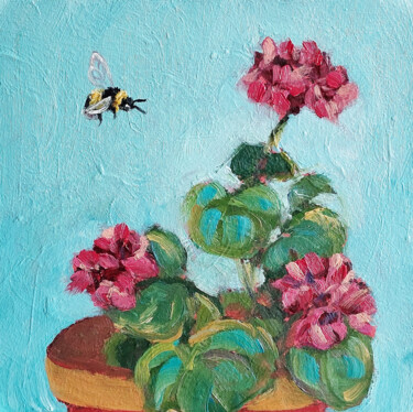 Painting titled "Bee and geranium" by Ksenia Tsyganyuk, Original Artwork, Oil Mounted on Cardboard