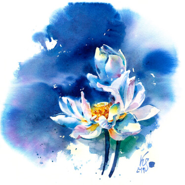 Pintura intitulada "Lotus - the flower…" por Ksenia Selianko, Obras de arte originais, Aquarela