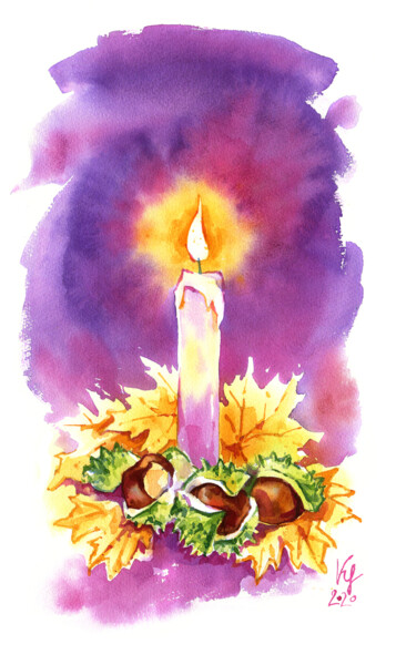 Картина под названием "Autumn candle is bu…" - Ksenia Selianko, Подлинное произведение искусства, Акварель