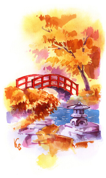 Картина под названием "Japanese autumn lan…" - Ksenia Selianko, Подлинное произведение искусства, Акварель