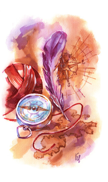 Painting titled "Old map and guiding…" by Ksenia Selianko, Original Artwork, Watercolor