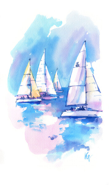 Painting titled "White sailboats on…" by Ksenia Selianko, Original Artwork, Watercolor