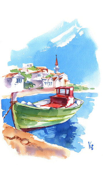 Painting titled "Moored boat off the…" by Ksenia Selianko, Original Artwork, Watercolor
