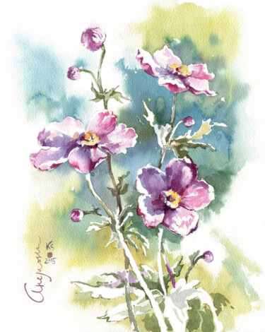 Painting titled "Anemone flowers" by Ksenia Selianko, Original Artwork, Watercolor