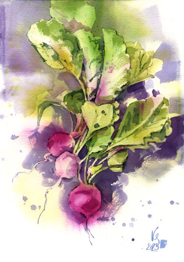 Peinture intitulée ""Bunch of radishes"" par Ksenia Selianko, Œuvre d'art originale, Aquarelle