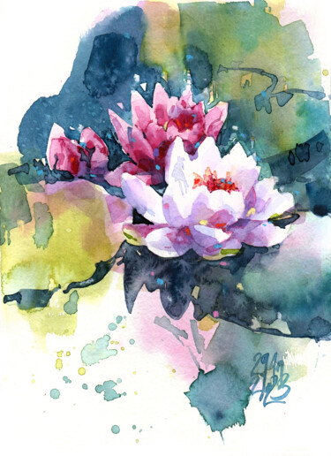 Malerei mit dem Titel "Lotus flowers on th…" von Ksenia Selianko, Original-Kunstwerk, Aquarell