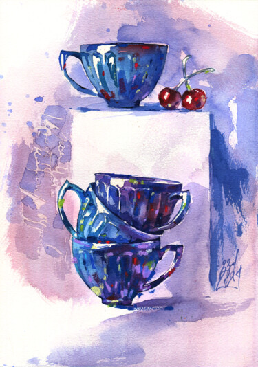 Malerei mit dem Titel ""Four pearl cups" b…" von Ksenia Selianko, Original-Kunstwerk, Aquarell