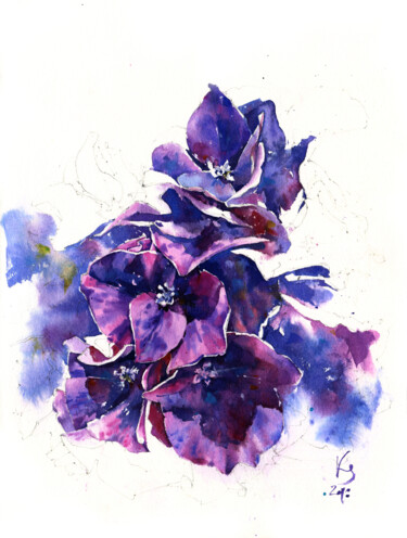 Painting titled ""Dark Purple Hydran…" by Ksenia Selianko, Original Artwork, Watercolor