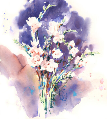 Painting titled ""Ixia" white flower…" by Ksenia Selianko, Original Artwork, Watercolor