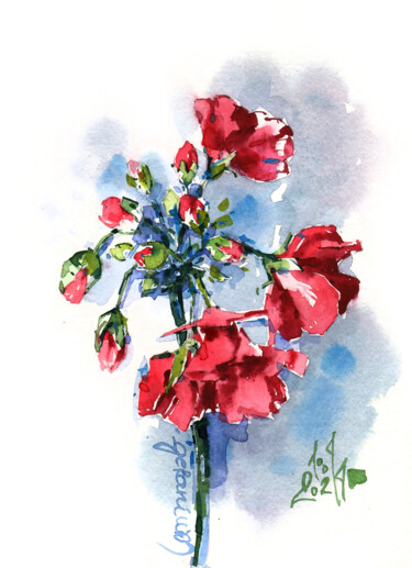 Ζωγραφική με τίτλο ""Bright red geraniu…" από Ksenia Selianko, Αυθεντικά έργα τέχνης, Ακουαρέλα