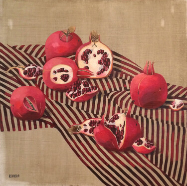 「Silk and pomegranat…」というタイトルの絵画 Ксения Берестоваによって, オリジナルのアートワーク, オイル ウッドストレッチャーフレームにマウント