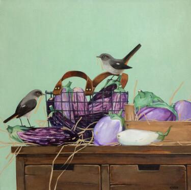 Painting titled "Eggplants and birds" by Kseniia Berestova, Original Artwork, Oil Mounted on Wood Stretcher frame