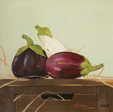 Painting titled "Eggplant" by Kseniia Berestova, Original Artwork, Oil Mounted on Wood Stretcher frame