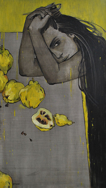 Картина под названием "Girl and quince" - Ксения Берестова, Подлинное произведение искусства, Масло Установлен на Деревянная…
