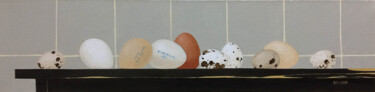 Peinture intitulée "Egg or chicken?" par Kseniia Berestova, Œuvre d'art originale, Huile Monté sur Châssis en bois