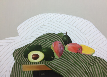 Painting titled "Mango and avocado.…" by Kseniia Berestova, Original Artwork, Oil Mounted on Wood Stretcher frame