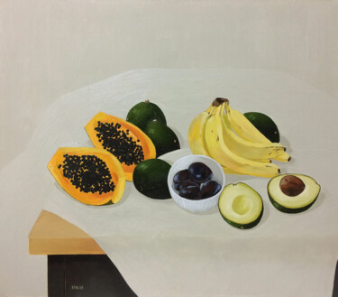 Painting titled "Fruit for breakfast" by Kseniia Berestova, Original Artwork, Oil Mounted on Wood Stretcher frame