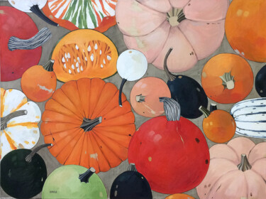 Painting titled "Pumpkins. October" by Kseniia Berestova, Original Artwork, Oil Mounted on Wood Stretcher frame