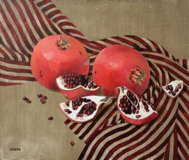 Painting titled "Pomegranate" by Kseniia Berestova, Original Artwork, Oil Mounted on Wood Stretcher frame
