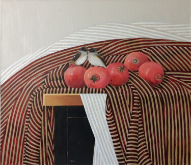 Painting titled "Pomegranates and si…" by Kseniia Berestova, Original Artwork, Oil Mounted on Wood Stretcher frame