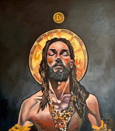 Painting titled "Holy Bitcoin" by Kseniya Rai, Original Artwork, Oil Mounted on Wood Stretcher frame