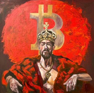 Schilderij getiteld "Crypto King, Bitcoi…" door Kseniya Rai, Origineel Kunstwerk, Olie Gemonteerd op Frame voor houten branc…