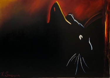 Painting titled "Cat - painting" by Kseniya Sergyeyeva, Original Artwork, Oil Mounted on Wood Stretcher frame
