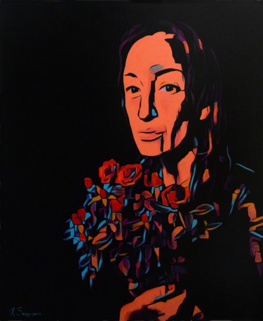 Painting titled "Night roses - popar…" by Kseniya Sergyeyeva, Original Artwork, Acrylic Mounted on Wood Stretcher frame