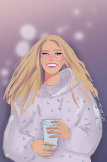 Digital Arts titled "Happy girl with cof…" by Kseniya Sketch, Original Artwork, Digital Painting