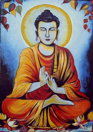 Schilderij getiteld "Siddhartha Gautama" door Ks Green, Origineel Kunstwerk, Olie Gemonteerd op Houten paneel