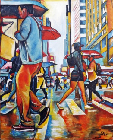 Pintura titulada "Chuva na cidade de…" por Ks Green, Obra de arte original, Oleo Montado en Panel de madera