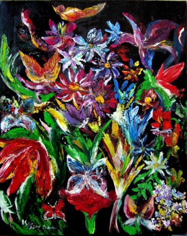 Painting titled "fleurs et oiseau" by Kspersee, Original Artwork, Oil