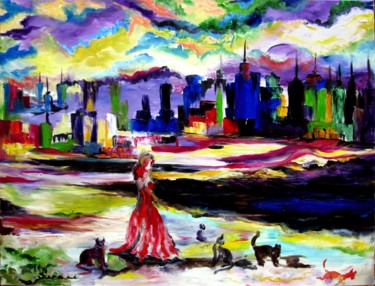 Painting titled "femme et chats" by Kspersee, Original Artwork