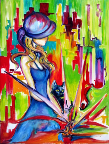 Peinture intitulée "jeune fille et chat" par Kspersee, Œuvre d'art originale