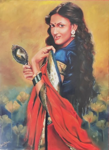 Painting titled "Lady with a mirror" by Geetu Thakur, Original Artwork, Oil